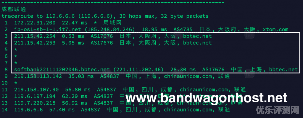 搬瓦工日本软银JPOS_1机房VPS路由跟踪没有59.43节点,即非CN2 GIA 线路,是软银线路