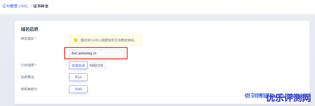 填写SSL证书域名信息