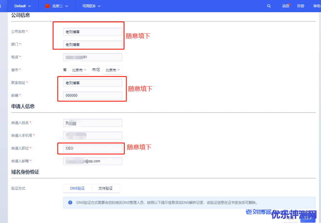 选择域名身份验证方式