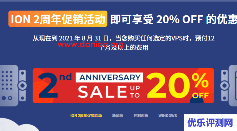 ION：2周年促销，VPS年付8折优惠，可选洛杉矶/圣何塞cn2 gia/新加坡cn2
