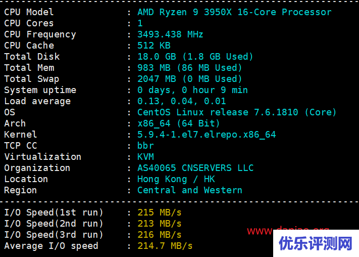 edgenat：cera vps测评(三网回程强制联通CUVIP线路) – 1核(AMD Ryzen 9 3950X)/1G/20gssd/1G带宽/1T流量
