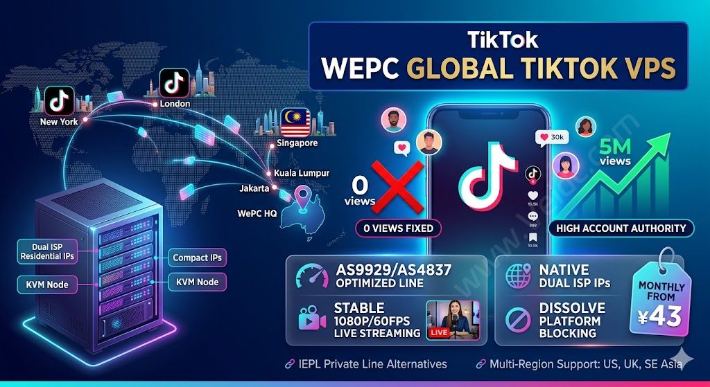 WePC：TikTok/跨境运营VPS/中转机，可选欧美/亚太十几个地区机房，月付43元起-优乐评测网